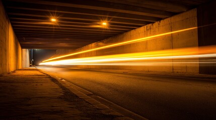Poster - Fast motion light trails in tunnel with vanishing point perspective. Abstract concept of speed, movement, energy, urban transportation, futuristic travel and modern technology