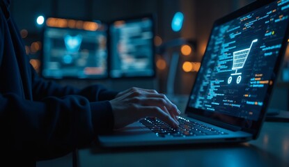Programmer working on a laptop with code and shopping cart interface displayed, in a dimly lit environment.