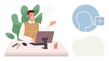 Poster - Professional on headset gesturing while working on computer, speech recognition icon. Ideal for communication, support, technology, AI, remote work, training customer interaction. Simple flat