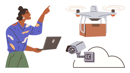 Poster - Woman holding laptop and pointing at a delivery drone, security camera, and cloud network connection. Ideal for technology, surveillance, logistics, e-commerce, innovation, digital security cloud
