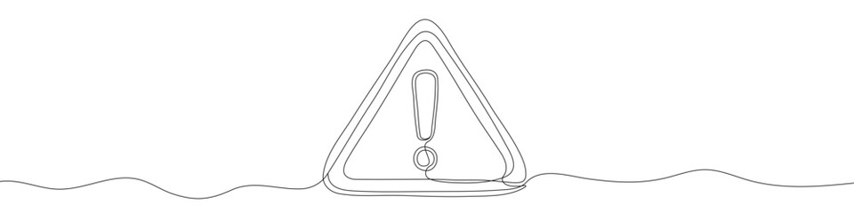 Exclamation mark in triangle in one line art style. Exclamation mark drawing with editable black stroke on white background. Vector illustration.