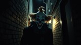 Terrifying clown lurking in narrow alley at night with sinister grin