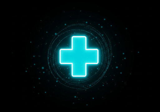 Glowing Cyan Cross Healthcare Symbol Digital Art