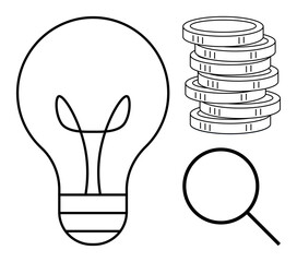 Poster - lightbulb symbolizing ideas, magnifying glass for investigation, coin stacks for wealth. ideal for i