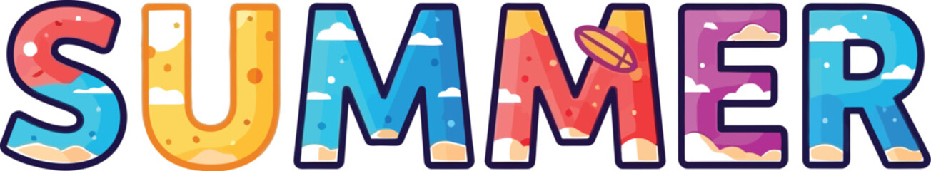 Aufkleber - Colorful summer text illustration with beach and sky themed letters