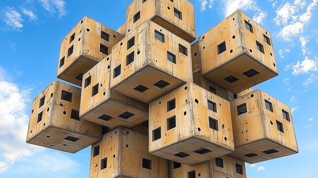 Abstract Beige Cubic Building Against Blue Sky