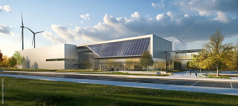 Clean Energy Study Modern clean energy research center showcasing solar panels and wind ...