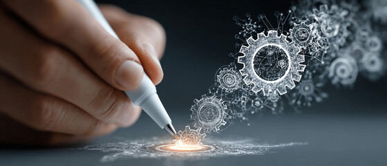 Poster - Hand drawing gears with pen on surface creating mechanical concept