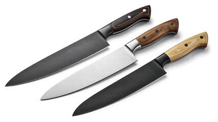 Set of three chef knives with wooden handles on white background
