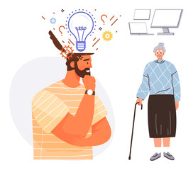 Poster - Man pondering with gears and light bulb above, conveying ideas. Elderly woman holding cane nearby. Ideal for creativity, problem-solving, connection, support, innovation, intergenerational themes