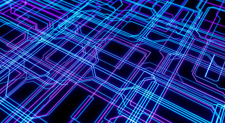 Poster - Abstract technology background with flowing glowing lines, futuristic digital data stream concept with blue and purple light trails on dark backdrop