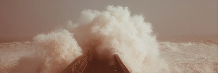 Aufkleber - High-Quality Dramatic Storm Surge Crashing Waves on Wooden Pier Modern Coastal Hazard Awareness for Environmental Marketing and Social Media Campaigns
