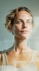 Aufkleber - Modern Sporty Woman Using Futuristic Biometric Display Premium High-Quality Tech Fitness Content for Confident Health and Performance Marketing