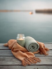 Aufkleber - Premium Relaxation and Wellness Candle Setup on Wooden Dock by Tranquil Lake for Millennial Lifestyle and Travel Marketing Campaigns