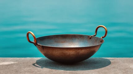 Poster - Authentic High-Quality Seasoned Wok with Dual Handles on Neutral Background for Professional Culinary Use and Modern Food Preparation Content