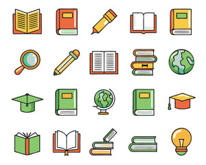 Aufkleber - Comprehensive collection of educational symbols representing study reading and learning presented as a unified graphic element with vibrant color accents