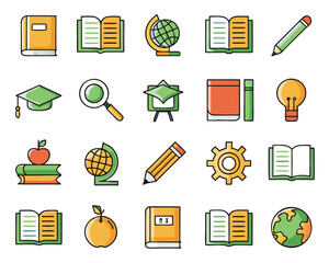 Aufkleber - Comprehensive collection of educational symbols representing study reading and learning crafted with distinct black yellow cyan and magenta color accents for clarity and visual appeal