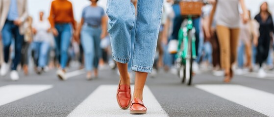 Poster - Modern Urban Crosswalk Scene with Pedestrians and Cyclist Premium Authentic City Lifestyle Content for Social Media and Marketing Campaigns