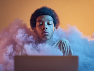 Poster - Focused Young Man Immersed in Digital Lifestyle with Laptop Authentic Modern Tech Content for Social Media and Marketing Campaigns