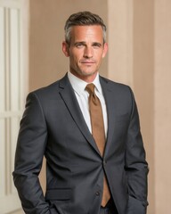 Poster - Professional Businessman in Modern Suit and Tie Confidently Posing in Office Environment for Premium Corporate Marketing and Leadership Campaigns