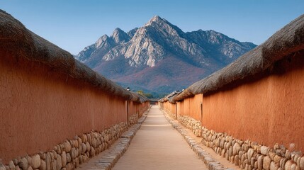 Aufkleber - Authentic Joseon Dynasty Narrow Stone Path with Traditional Korean Earthen Walls and Thatched Roofs Premium Cultural Heritage Content for Lifestyle Marketing