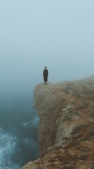 Aufkleber - Authentic Solitary Figure on Misty Coastal Cliff in Austria Premium Travel and Adventure Content for Inspiring Social Media Campaigns
