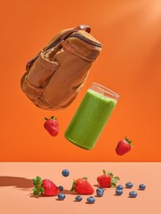 Poster - Premium Modern Green Smoothie with Fresh Berries and Hydration Pack on Orange Background for Healthy Lifestyle Marketing and Wellness Content