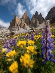 Aufkleber - Premium Authentic Alpine Mountain Peaks with Wildflowers Inspiring Nature Adventure for Outdoor Lifestyle and Travel Marketing Campaigns