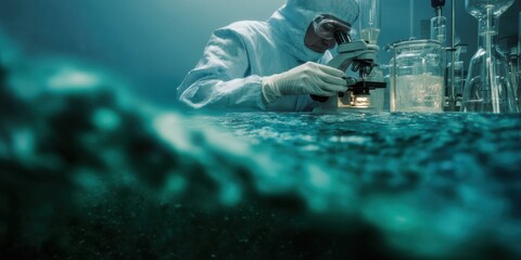 Poster - Professional Bioreactor Scientist in Protective Suit Examining Samples in High-Tech Laboratory for Premium Biotechnology Marketing and Research Content