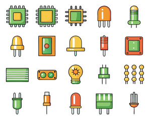 Poster - Comprehensive electronic circuit board symbol collection featuring intricate pathways and components presented in a clean modern graphic illustration style with vibrant color accents