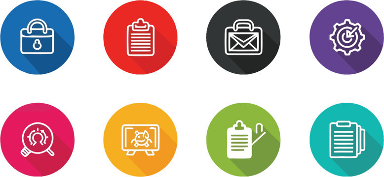 Eight colorful circular icons depicting various business and office concepts