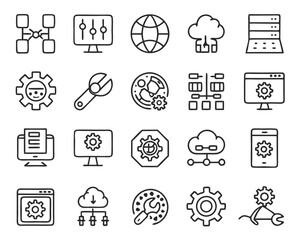 Poster - Collection of thin line graphical elements representing information technology management roles and responsibilities suitable for digital interfaces and presentations