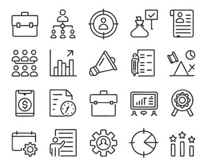 Poster - Comprehensive collection of thin line graphical elements representing various aspects of business operations and management strategies for digital presentations and professional branding