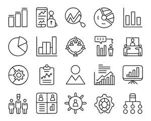 Poster - Comprehensive collection of business growth and development icons including charts upward trends and essential management symbols in a versatile graphic format