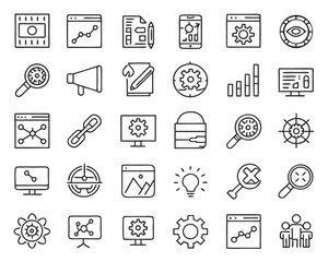 Poster - Comprehensive collection of thirty distinct clean line art symbols representing various aspects of business efficiency process improvement and strategic enhancement for digital interfaces