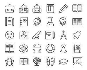 Aufkleber - Comprehensive collection of forty distinct line style symbols representing education learning and academic concepts for modern digital interfaces and presentations