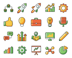 Poster - Collection of minimalist line graphics representing business concepts including launch growth and operational elements presented in a clean modern style with vibrant color accents