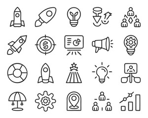 Poster - Modern business startup and launch concept with simple line graphics representing growth ideas and progress in a clean minimalist style