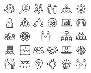 Poster - Comprehensive collection of professional business and teamwork line graphics perfect for user interface design and digital presentations featuring essential concepts