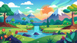 © SSCP DESIGN - Vibrant cartoon landscape with mountains waterfall river trees and flowers at sunrise