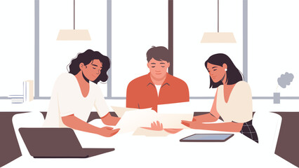 Fototapete - Three colleagues are working together at a table with a laptop and a tablet in a bright office space