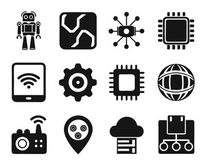 Poster - Comprehensive collection of modern technology symbols showcasing connectivity artificial intelligence automated systems and interconnected devices with a vibrant palette