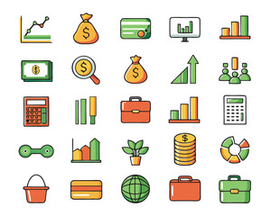 Poster - Collection of fifty distinct business and financial concepts rendered as clean line art graphics suitable for professional presentations and corporate branding materials