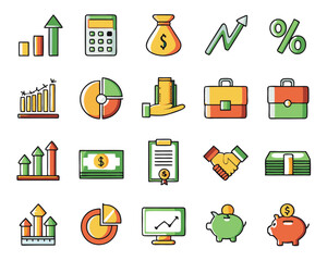 Poster - A comprehensive collection of fifty distinct business and financial concepts rendered in a clean modern line art style using a professional color palette