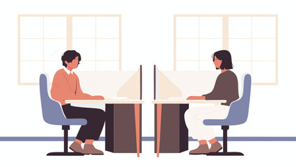 Fototapete - Two people sitting at desks in an office with windows and dividers between their workstations space at work