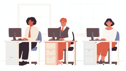 Fototapete - Three office workers sitting at desks with computers in a bright and modern office space setting