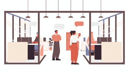 Fototapete - Illustration of a modern office space with employees working and communicating in cubicles and open areas