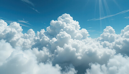 Wall Mural - A breathtaking aerial perspective reveals a vast expanse of fluffy cumulus clouds beneath a vibrant blue sky, illuminated by sunbeams.