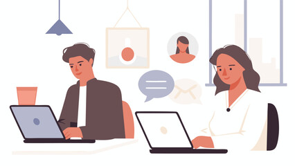 Fototapete - Two people working on laptops in an office with a lamp, artwork, and communication icons visible