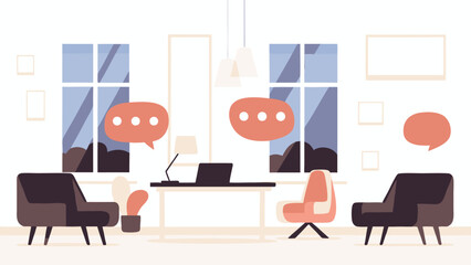 Fototapete - Illustration of a modern office space with chairs, desk, windows, and speech bubbles above the furniture
